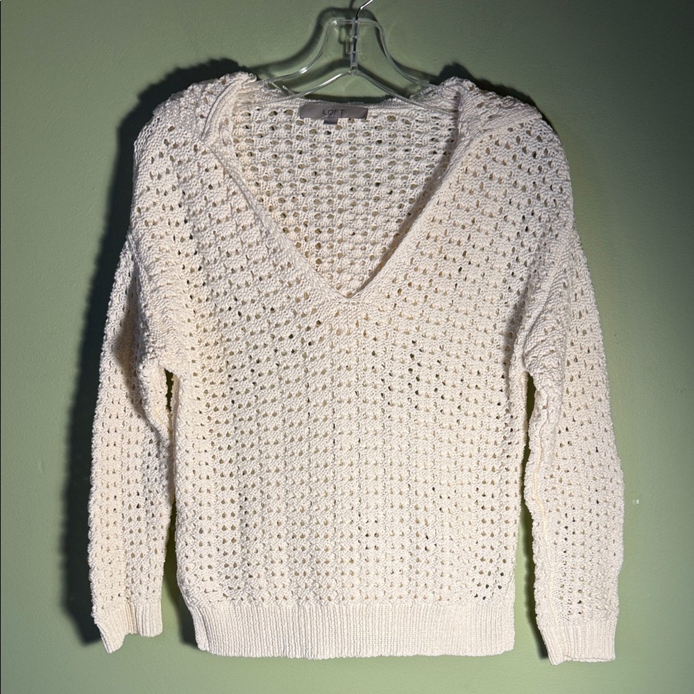 LOFT Cream Open-Weave V-Neck Sweater Hoodie